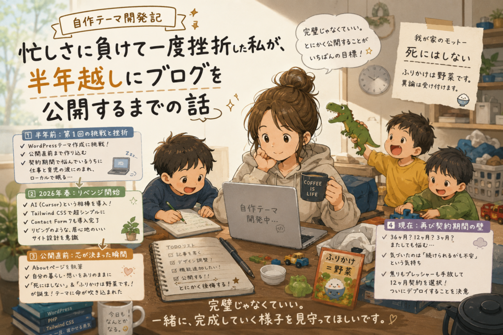 このブログは、本当は半年前に公開される予定でした。 予定でした。 テーマも作った。 記事も少し書いた。 あとはサーバーを契約して公開するだけ。 そんな状態まで進んでいました。 でも、公開されることはありませんでした。 仕事と育児に追われていたから―― というのもあります。 でも、それだけではありません。 実は私は、サーバーの契約期間で悩んでいました。 3ヶ月にするべきか。 12ヶ月にするべきか。 36ヶ月が一番お得なのか。 続かなかったらどうしよう。 損したらどうしよう。 そんなことを考えているうちに、気付けば時間だけが過ぎていました。 そしてそのまま、ブログはローカル環境の中で静かに眠りについたのです。 半年前のテーマは、今も眠っています 半年前に作ったテーマは、今も残っています。 消してはいません。 ローカル環境の中で眠っています。 ただ、今回そのテーマを使うことはありませんでした。 せっかく作ったのに。 時間もかけたのに。 もったいない気もします。 でも、もう一度ゼロから作りたくなったんです。 半年前の私は、 「ちゃんとしたものを作りたい」 と思っていました。 でも今回は違いました。 目標はただ一つ。 とにかく公開すること。 完璧なテーマを作ることではなく、 インターネットの世界に出すこと。 それを最優先にしました。 今回はAIという相棒がいた 今回のテーマ開発では、AIをフル活用しました。 相棒はCursorです。 デザインの相談。 コードレビュー。 実装方法の相談。 構成の見直し。 分からないことがあれば、とりあえず聞く。 そんなスタイルで開発を進めました。 半年前なら何時間も悩んでいたことが、数分で解決することもあります。 もちろん全部AI任せではありません。 でも、一人で抱え込まなくていいというのは本当に大きかった。 開発のハードルがぐっと下がりました。 テーマのコンセプトは「超シンプル」 今回のテーマ開発で意識したことがあります。 それは、 超シンプル。 派手なアニメーションはいらない。 複雑な装飾もいらない。 必要なものだけを置く。 そんなテーマです。 実はこれ、家づくりや家具選びの考え方にも似ています。 私は隙間にホコリやおもちゃが入り込む家具が苦手です。 男の子が3人いると、掃除のしやすさはかなり重要です。 おしゃれだけど掃除しにくい。 見た目はいいけど使いづらい。 そういうものより、 少し地味でも扱いやすい方が好きです。 サイトも同じでした。 派手さより使いやすさ。 流行りより続けやすさ。 長く付き合えること。 居心地がいいこと。 そんなことを意識しながら作りました。 Aboutページを書いていて、このブログの芯が見えた テーマが形になってきた頃、 ブログの顔になるAboutページを書き始めました。 そこで改めて考えました。 私は何を書きたいんだろう。 私は何者なんだろう。 フルタイム勤務の管理職。 Webエンジニア。 男の子3人の母。 しかも全員療育に通っている。 毎日慌ただしくて、 余裕なんてほとんどない。 そんな日々を書き出しているうちに、 ふと我が家のモットーが頭に浮かびました。 「死にはしない」 です。 部屋が少し散らかっていても。 夕飯がレトルトでも。 洗濯物が畳めていなくても。 今日はもう無理だと思って寝てしまっても。 死にはしない。 だから大丈夫。 そんな考え方で、ここまでやってきました。 そしてもう一つ。 我が家には長年使い続けている名言があります。 「ふりかけは野菜です」 異論は受け付けます。 でも我が家では野菜です。 野菜嫌いの子どもたちと長年向き合った結果、 いつの間にか生まれた謎理論です。 Aboutページを書きながら気付きました。 このブログで伝えたいことは、 完璧な暮らしではない。 キラキラした育児でもない。 丁寧じゃない暮らしを、なんとか回している記録。 それがこのブログの芯なんだと思います。 そして再び現れた「契約期間問題」 さて。 テーマもできた。 記事も書いた。 Aboutページもできた。 あとは公開するだけ。 ……なのですが。 また出てきました。 サーバー契約期間問題です。 今回はConoHa WINGを使うことに決めていました。 でも悩む。 36ヶ月が一番安い。 でも3年は長い。 1年後どうなっているかだって分からない。 じゃあ3ヶ月？ でもコスパが悪い気もする。 そんなことを考えていて、ふと気付きました。 私が悩んでいたのは、お金ではありませんでした。 本当に怖かったのは、 また忙しさに負けてしまうこと。 また途中で止まってしまうこと。 またローカル環境で眠らせてしまうこと。 その不安でした。 だから今回は、 頑張りすぎない選択をすることにしました。 選んだのは12ヶ月契約。 3ヶ月の焦りもない。 3年のプレッシャーもない。 自分に与える、 「頑張りすぎないための1年間の執行猶予」 です。 完成を待つのをやめた 半年前の私は、 「もっと良くなってから公開しよう」 と思っていました。 でも今は違います。 完成を待っていたら、 たぶん一生公開できません。 記事はまだ少ない。 実装したい機能もたくさんあります。 改善したいデザインもあります。 個人開発のアイデアもあります。 半年後に見返したら、 「なんでこんな実装にしたんだろう」 と思うかもしれません。 1年後には、 テーマごと作り直しているかもしれません。 でも、それでいいと思っています。 このブログは完成品ではありません。 これから少しずつ育てていくものです。 子どもたちが少しずつ成長していくように。 私自身が少しずつ成長していくように。 このブログも少しずつ変わっていくはずです。 だから、 完成されたブログを見に来るというより、 試行錯誤しながら形になっていく様子を見守ってもらえたら嬉しいです。 きっと失敗もします。 遠回りもします。 途中で方向転換することもあると思います。 それでも、その過程ごと残していきたい。 半年前に公開できなかったブログ。 ようやくスタートラインに立てました。 ここからどうなるかは、まだ分かりません。 でも、とりあえず始めます。 だって、死にはしないので。